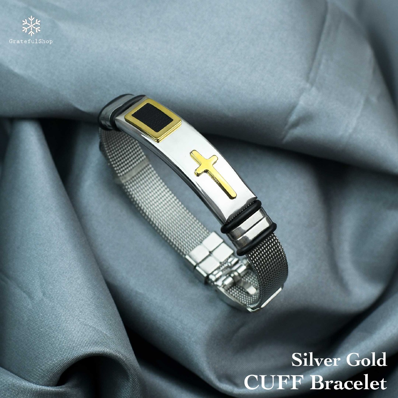 Gelang Cuff Cross (Silver Gold) Stainless Steel