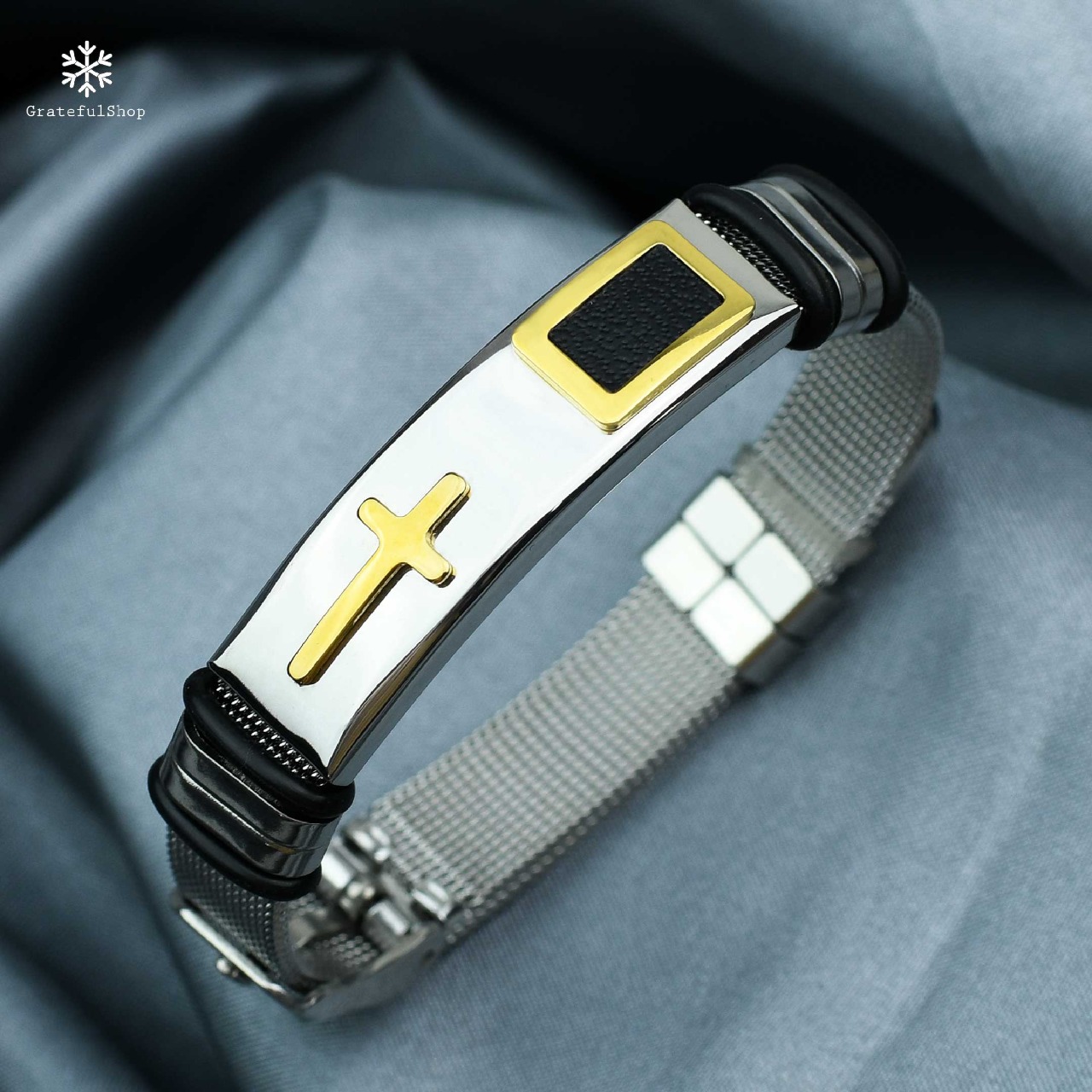 Gelang Cuff Cross (Silver Gold) Stainless Steel - Image 3