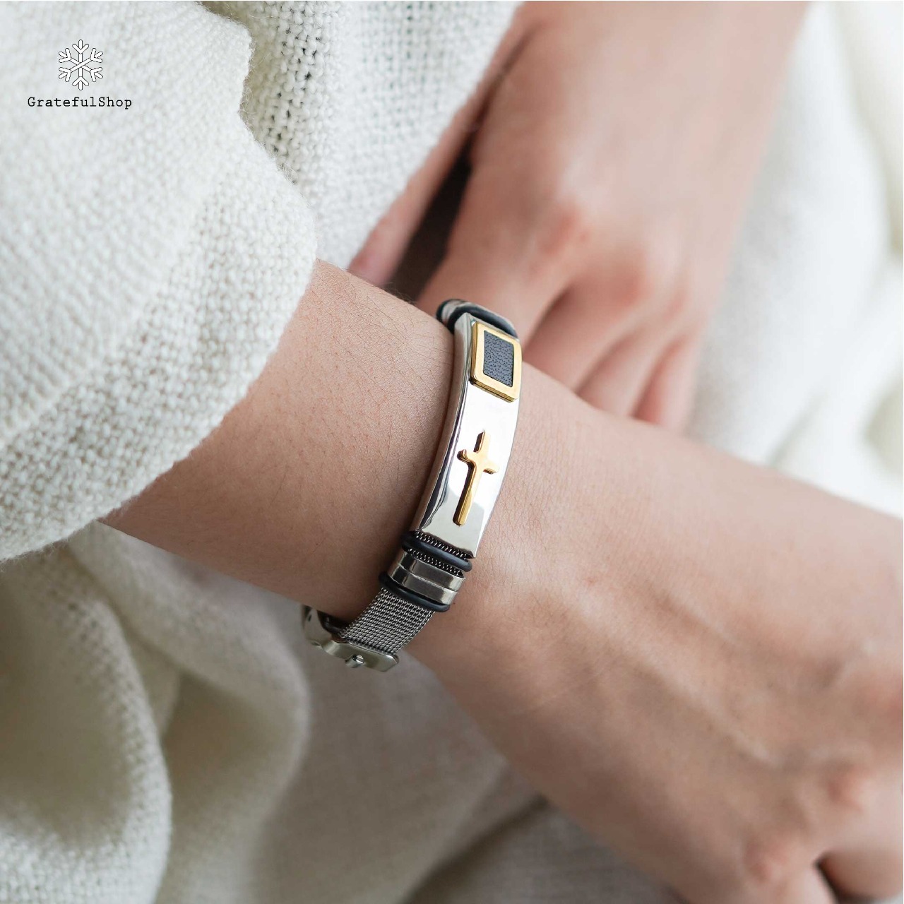 Gelang Cuff Cross (Silver Gold) Stainless Steel - Image 2