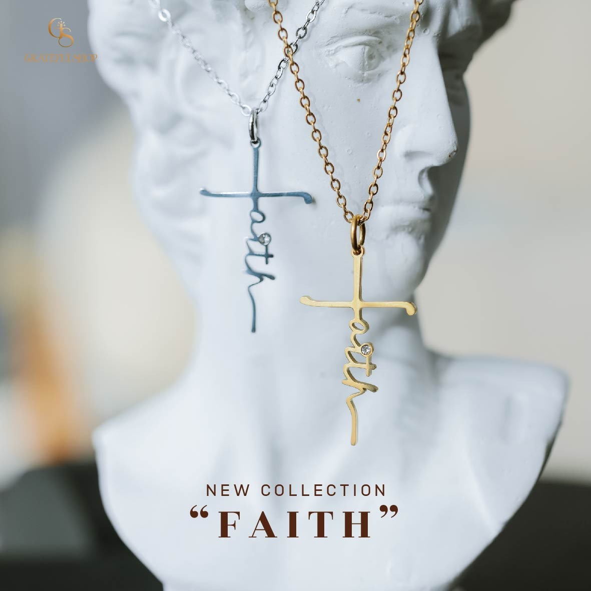 Grateful - Kalung Salib Faith / Cross Necklace Silver /GOLD (STAINLESS STEEL) + FREE POUCH