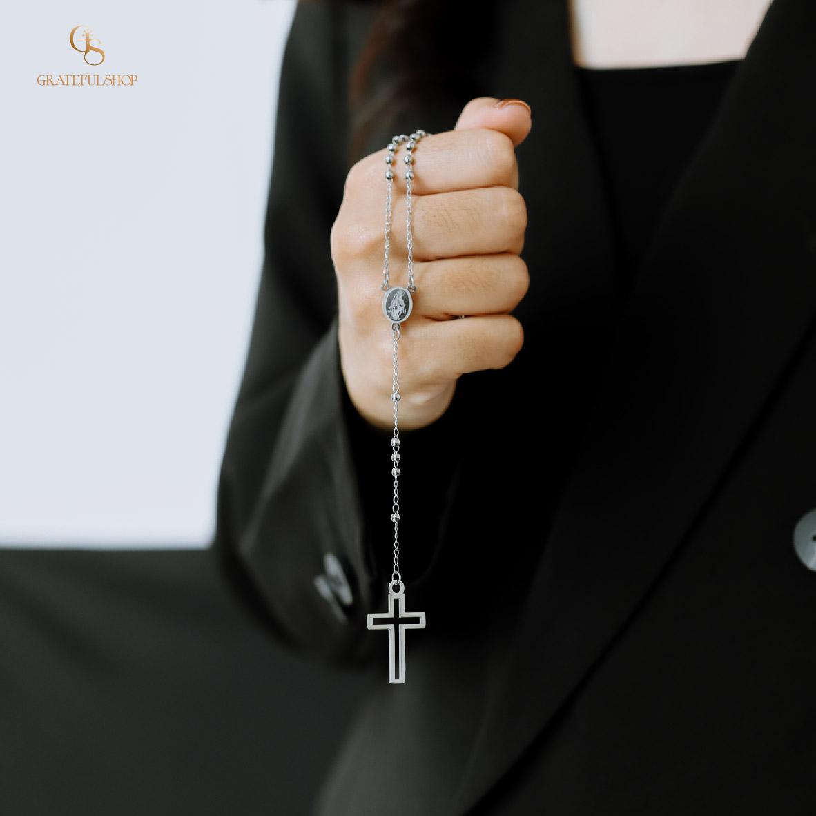 Grateful - Kalung Silver Rosario / Necklace Cross Rosary Kalung SALIB stainless steel + ANTI KARAT+ FREE POUCH - Image 2